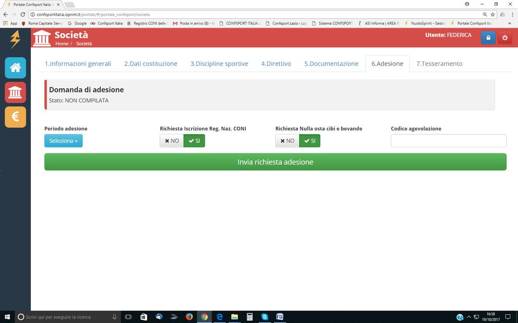 Sezione 6 "Adesione" Terminata la compilazione delle sezioni dalla 1 alla 5, l'utente potrà accedere alla sezione n.