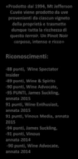 MT JEFFERSON CUVEE PINOT NOIR Uve 100% Pinot Nero (cloni: Dijon (113, 114, 115, 667, 777, 828), Pommard, Wädenswil) Annata 2016 Zona di produzione Diversi vigneti: 79% Eola-Amity Hills, 12% Coastal
