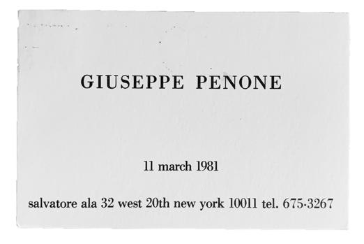 8. Giuseppe Penone, New York, Salvatore Ala, 1981, 15,3x10 cm, cartoncino illustrato al solo recto con una composizione tipografica in nero su cartoncino bianco.