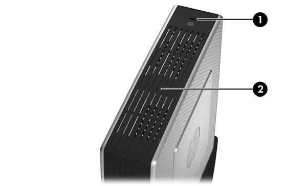 (2) Pulsante di accensione (5) Connettore audio line-out (cuffie) (3) LED di attività dell'unità disco rigido (6) Connettori USB (Universal Serial Bus) (2) Componenti