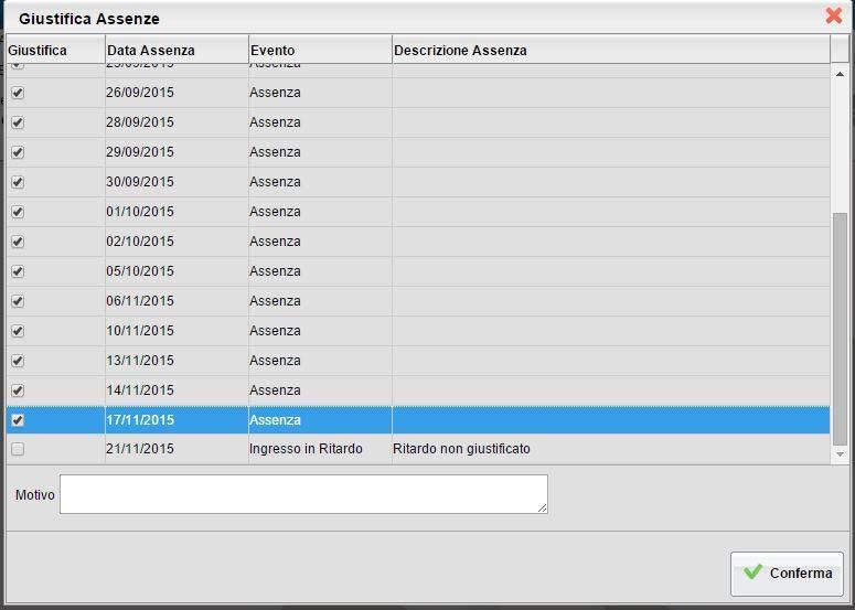 Nella videata successiva selezionare tutte le assenze da giustificare cliccando nel flag presente prima dellam data; inserire una eventuale