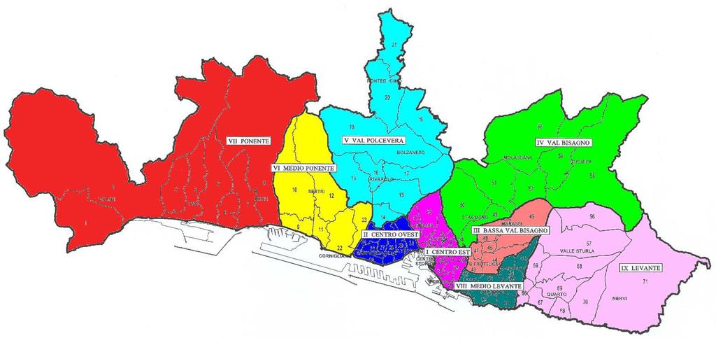 Comune di Genova Circoscrizioni Superficie totale Centro abitato I Centro Est ha 707,7 ha 495,6 II Centro Ovest ha 485,2 ha 423,4 III Bassa Val Bisagno ha 789,7 ha 435,13 IV Val Bisagno ha 4.