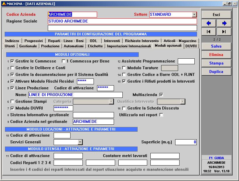 Procedura n 26 MODULO DUVRI (DOCUMENTO UNICO DI VALUTAZIONE DEI RISCHI) Abilitazione del modulo in DATI AZIENDALI: Dal menu principale Procedure ed