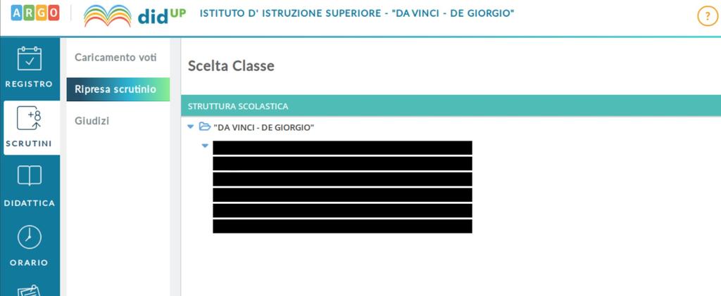 Cliccare sulla linguetta della scheda Scrutini. Si visualizzano i pulsanti contenuti nella scheda e poi su Ripresa dello scrutinio.