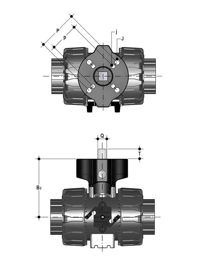 Power Quick/CP La valvola può essere equipaggiata con attuatori pneumatici, tramite un modulo in PP- GR riproducente la dima di foratura prevista dalla norma ISO 5211 d DN B 2 Q T p x j P x J Codice