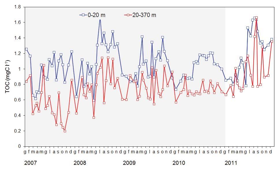 inficiare la valutazione di oligotrofia del Lago Maggiore. E' tuttavia da sottolineare che la concentrazione di TOC sembra mostrare una tendenza all'aumento negli ultimi anni. Fig. 4.2.1.