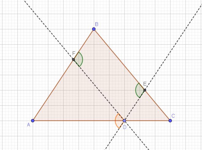 Geometria Da un punto D del lato AC del triangolo ABC tracciare le parallele ai lati CB e AB che li intersecano rispettivamente nei punti E ed F. Dimostrare che gli angoli DEB DFB. [esercizio 9 pag.