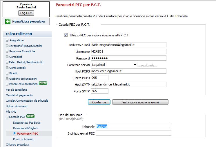 A inserimento parametri PEC del Curatore, in Fallco Fallimenti inserimento dei parametri della PEC del Curatore,