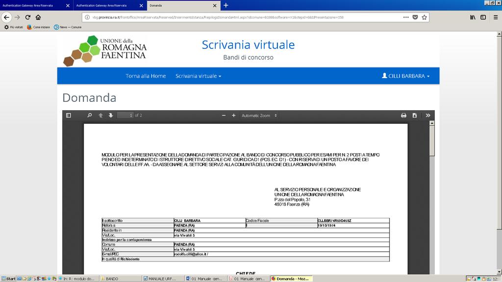 28. Viene generato il PDF della domanda contenente tutti I dati inseriti 29. Scorrere il documento fino in fondo per controllare la correttezza dei dati riportati 30.