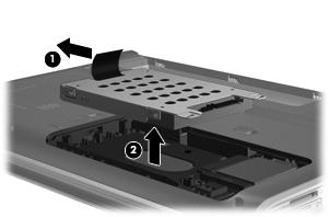 10. Tirare la linguetta dell'unità disco rigido a sinistra (1), quindi estrarre il disco rigido dal computer (2).