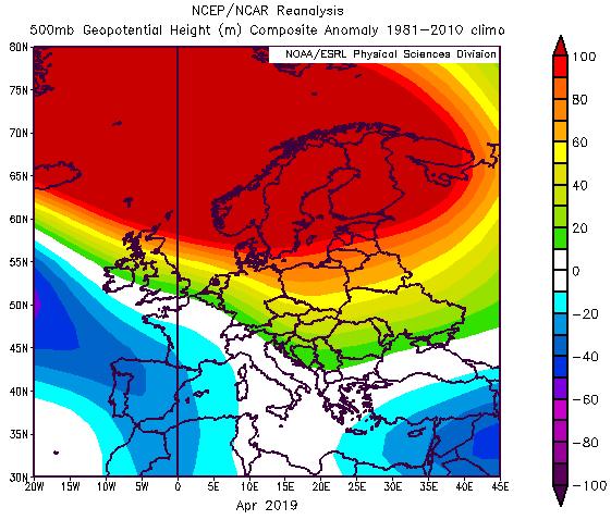 Molto al di sopra del normale sono state sull'europa centrale, orientale e settentrionale in coincidenza di una marcata anomalia positiva del geopotenziale a 5 hpa e con precipitazioni