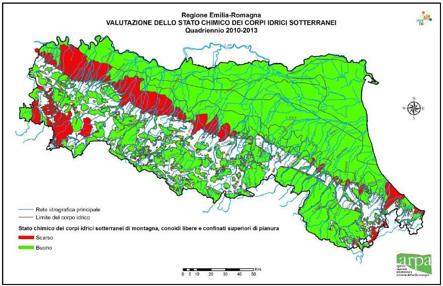 Acquifero freatico in verde i corpi idrici superficiali UTILIZZABILI per la ricarica in rosso