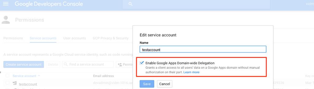 2 Dopo aver creato l'account del servizio Google, abilitare la delega a livello dell'intero dominio di Google Apps.