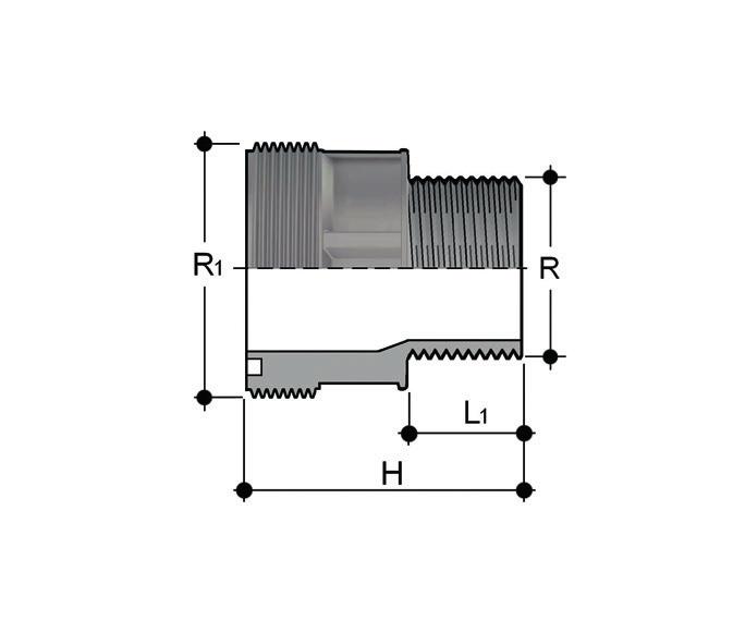 F/BRV Pezzo fisso estremità maschio filettata BSP R R 1 PN L 1 g Codice 1"1/2 2"1/4 16 22,5 100 FBRV112214 2" 2"1/4 16 27 120 FBRV200214 2" 2"3/4 16 27 175 FBRV200234 Q/BFV Pezzo folle estremità