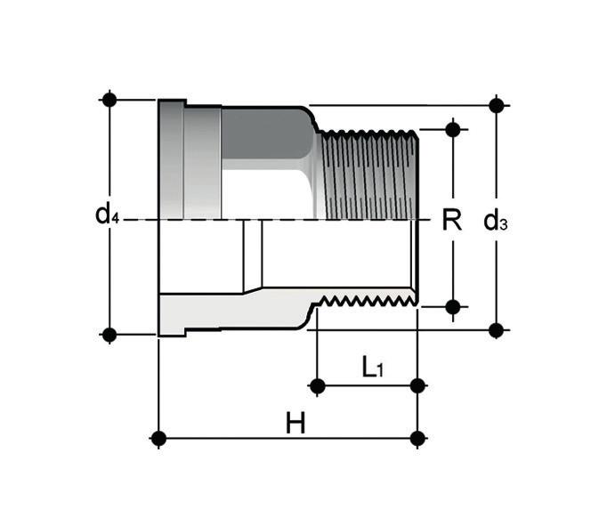 Q/BRX Pezzo folle estremità maschio filettata BSP in Acciaio INOX A316L R d 3 d 4 H L 1 g Codice 3/8" 22 24 34,5 10,5 58 QBRX038 1/2" 27,5 30,1 39 13,5 95 QBRX012