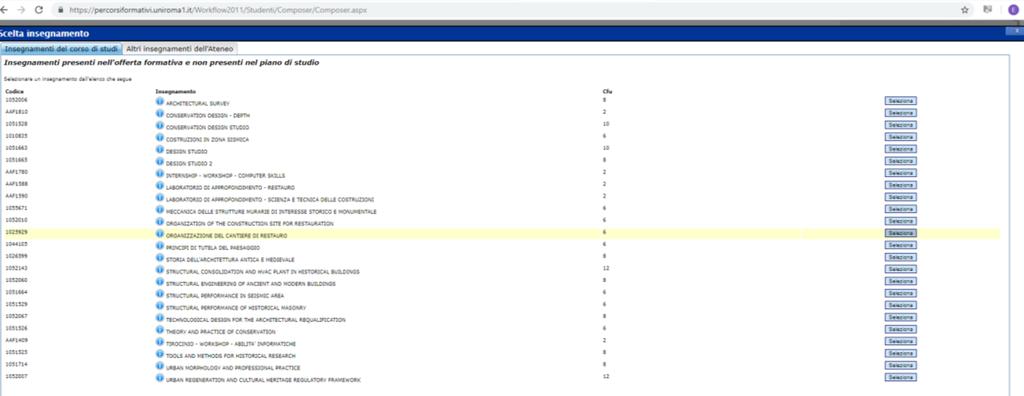 Attivando la seconda linguetta, lo studente può selezionare un insegnamento tra