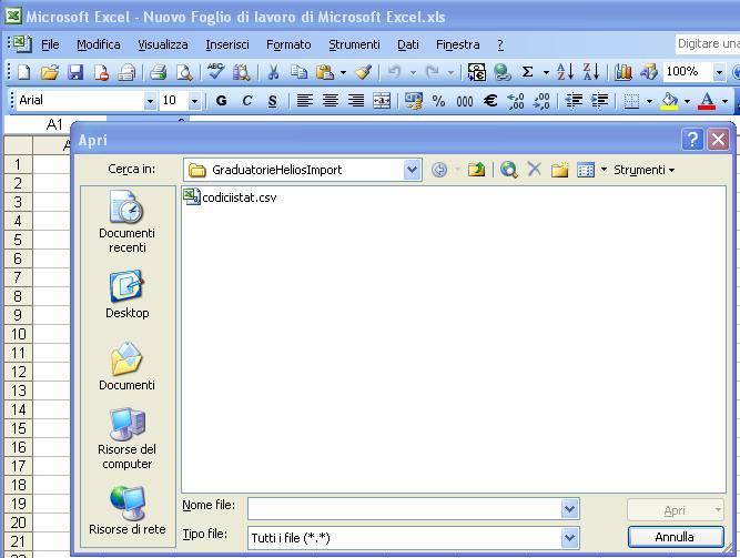 La figura 6 mostra la ricerca del file da aprire in Microsoft Excel.