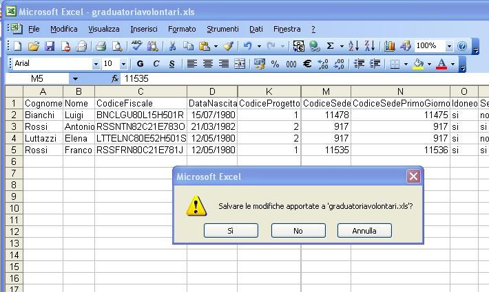 Chiudendo il File CSV delle Graduatorie, l applicazione Excel invia i seguenti messaggi di salvataggio.