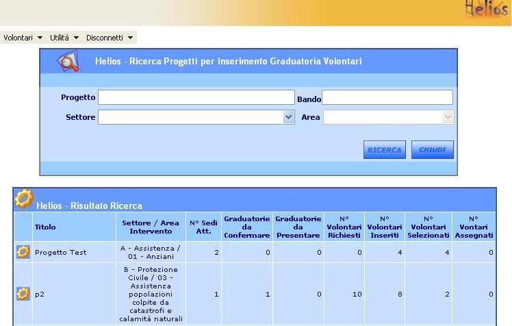 Figura 2 Rieerca Graduatorie Selezionando il progetto il Sistema propone l