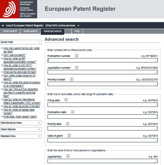 Patent database EP Register EP REGISTER https://register.epo.