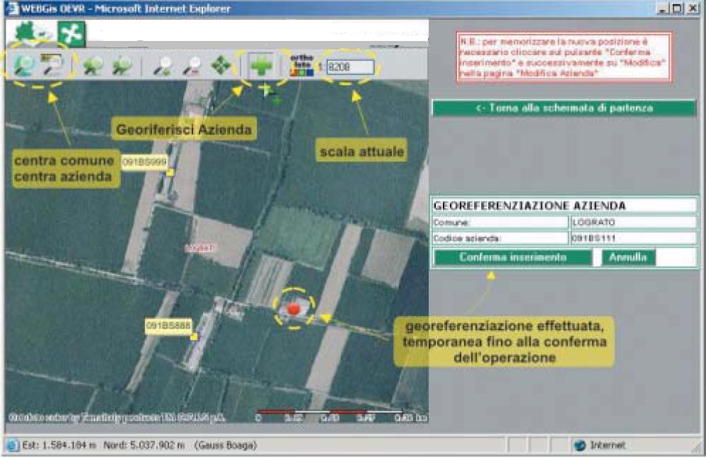 Figura 3 - Posizionamento e georeferenziazione di una nuova Azienda Le procedure operative si esplicano nel riconoscimento dell ambito territoriale attraverso gli strumenti di visualizzazione e nella