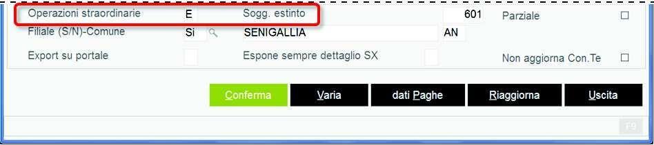 Nei dati anagrafici della ditta estinta, al campo Operazioni straordinarie deve essere indicato il codice E e nel campo a fianco il codice della ditta dichiarante.