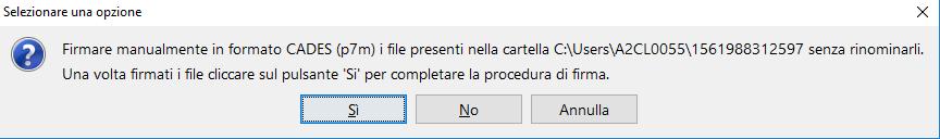 Una volta aperto il file, cliccare sul pulsante Esegui. Compare il seguente messaggio: Firmare i file, SENZA RINOMINARLI, nel formato CADES.