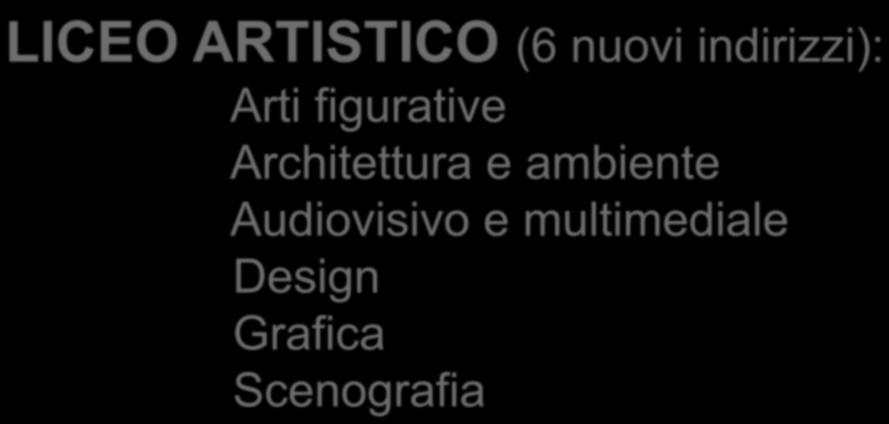La struttura dei NUOVI LICEI 6 LICEI LICEO ARTISTICO (6 nuovi indirizzi): Arti figurative Architettura e ambiente Audiovisivo e