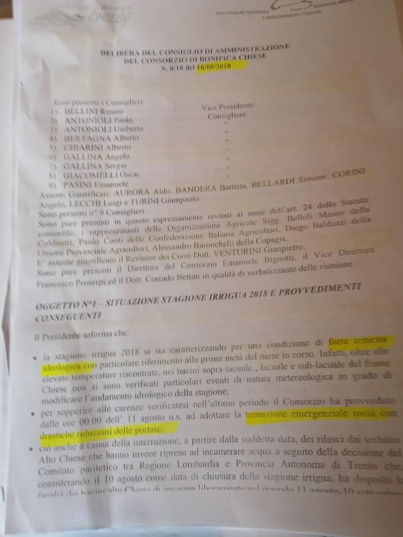 Delibera del Consiglio di Amministrazione del Consorzio Bonifica del Chiese n.8/18 del 16 agosto 2018 Si segnala all AIPO (Ing.