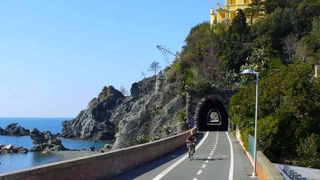 Il fondo stradale è asfaltato e diviso da segnaletica orizzontale nei due sensi di marcia per le biciclette e nella corsia riservata ai pedoni.