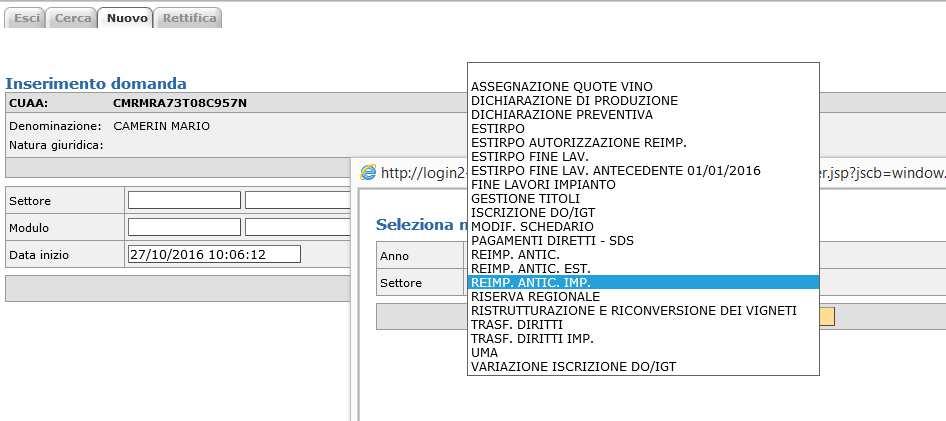 apre la schermata di selezione del modulo (aprire menù a