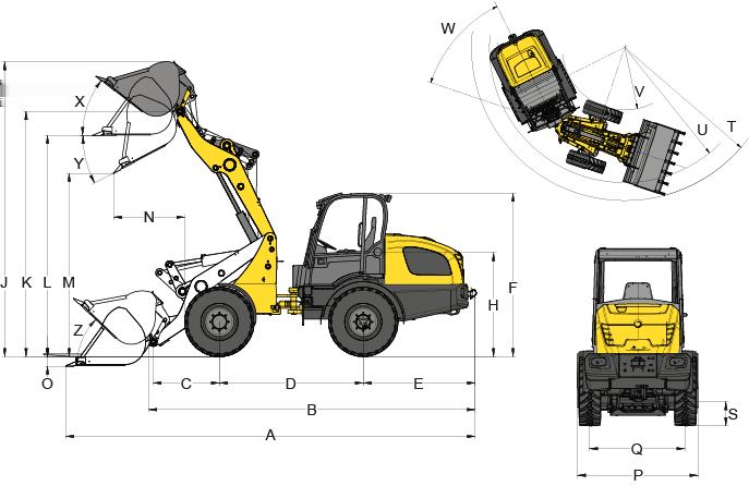 Dimensioni Pneumatici standard 12.5-20 MPT ET0 A Lunghezza totale 5.760 mm B Lunghezza totale senza benna 4.828 mm C Centro di rotazione della benna al centro dell'assale 991 mm D Passo 2.