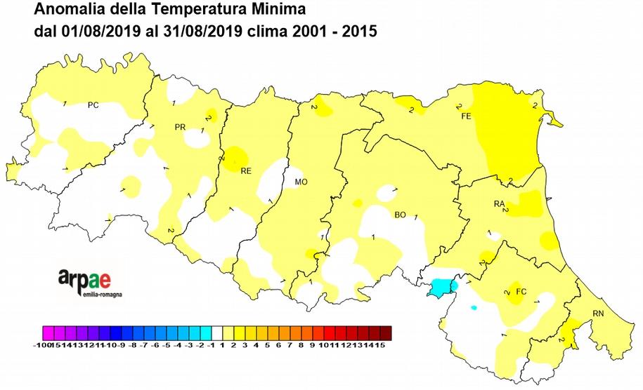 TEMPERATURE Le minime I valori medi mensili, compresi in pianura tra 19 e 21 C, sono stati lievemente superiori alla norma recente (2001-2015); media Reg.