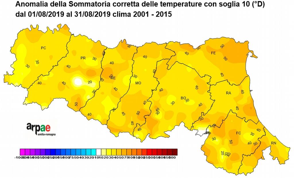 Sommatorie termiche: anomalia rispetto al clima (2001-2015) Soglia 0 C Dal confronto tra le sommatorie termiche del mese con soglia 0 C e quelle del periodo di riferimento si può notare che le