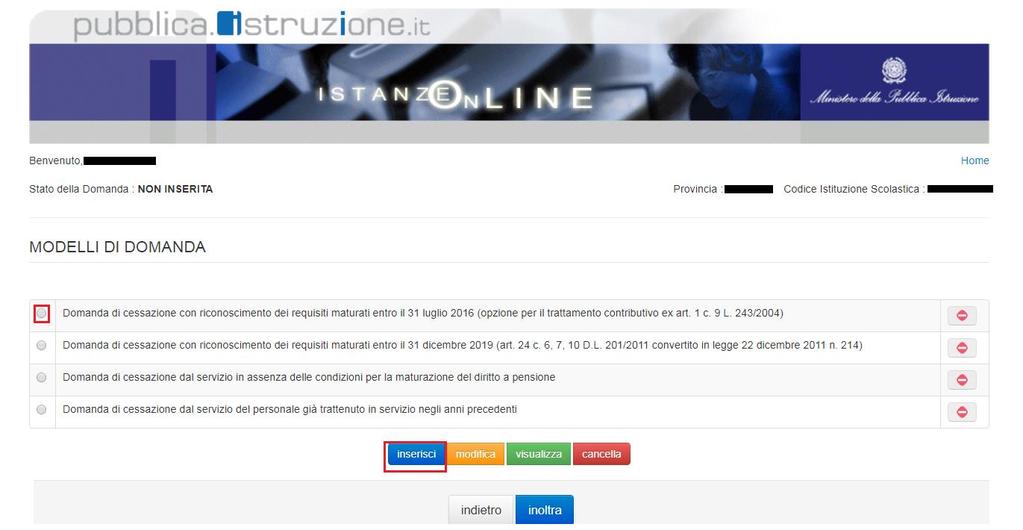 4.5 COMPILAZIONE DELLA DOMANDA DI CESSAZIONE CON RICONOSCIMENTO DEI REQUISITI MATURATI ENTRO IL 31 LUGLIO 2016.