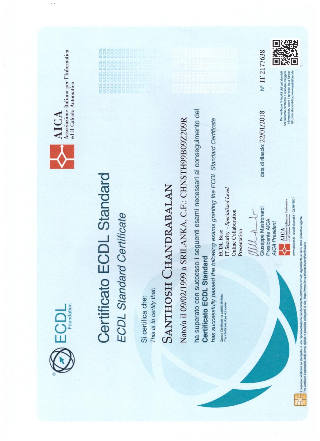 Passaporto europeo delle competenze Certificato di Ecdl Full.