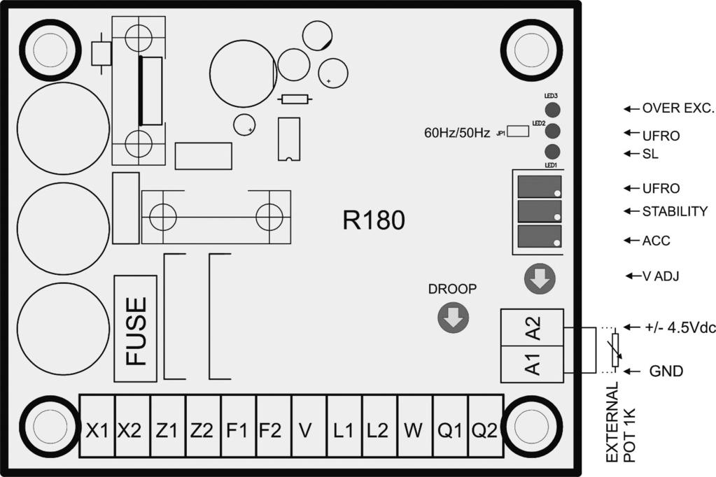 2 - PARAMENTRI DEL REGOLATORE Collegamento di selezione UFRO Aperto- modalità di funzionamento 60Hz. Chiuso - modalità di funzionamento 50Hz. Potenziometro UFRO Da 45Hz a 55Hz in modalità 50Hz.