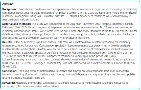 Antimicrobial susceptibility against metronidazole and carbapenem in clinical anaerobic isolates from Pakistan Shafquat et