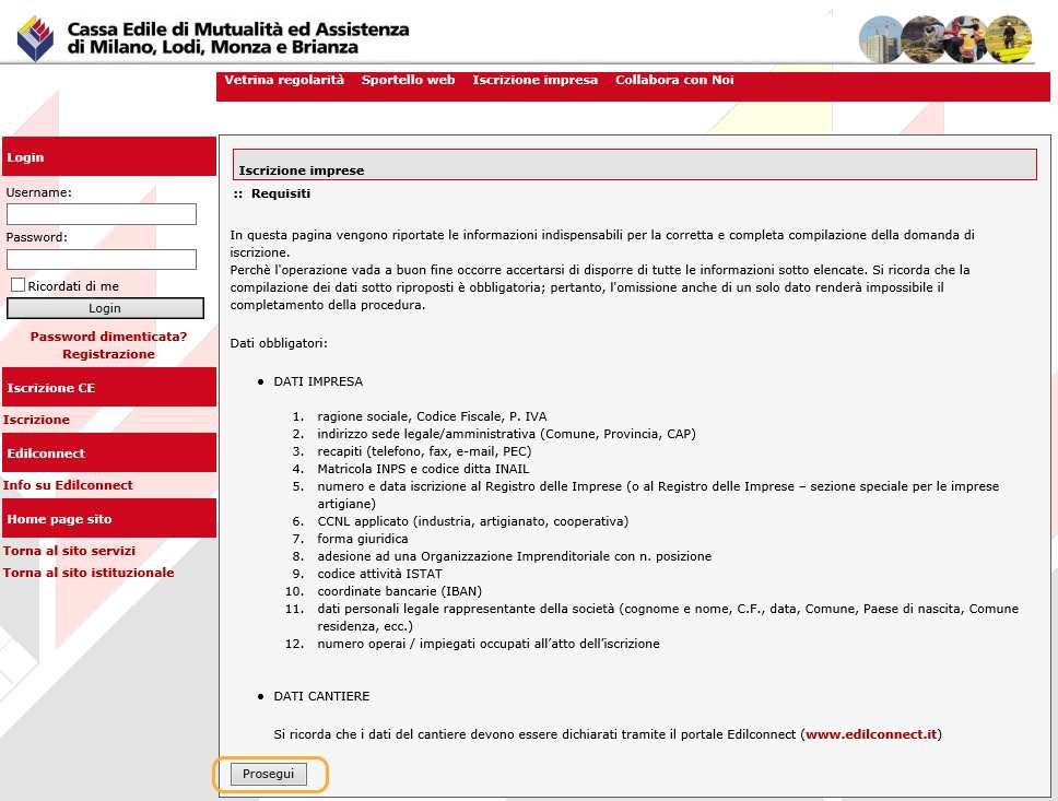 Cliccando sul bottone Prosegui viene mostrata la finestra di inserimento dati.