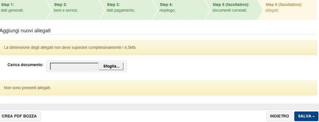 Per salvare i dati è obbligatorio cliccare su Salva dati STEP 6: allegati (facoltativo) In questa sezione è possibile