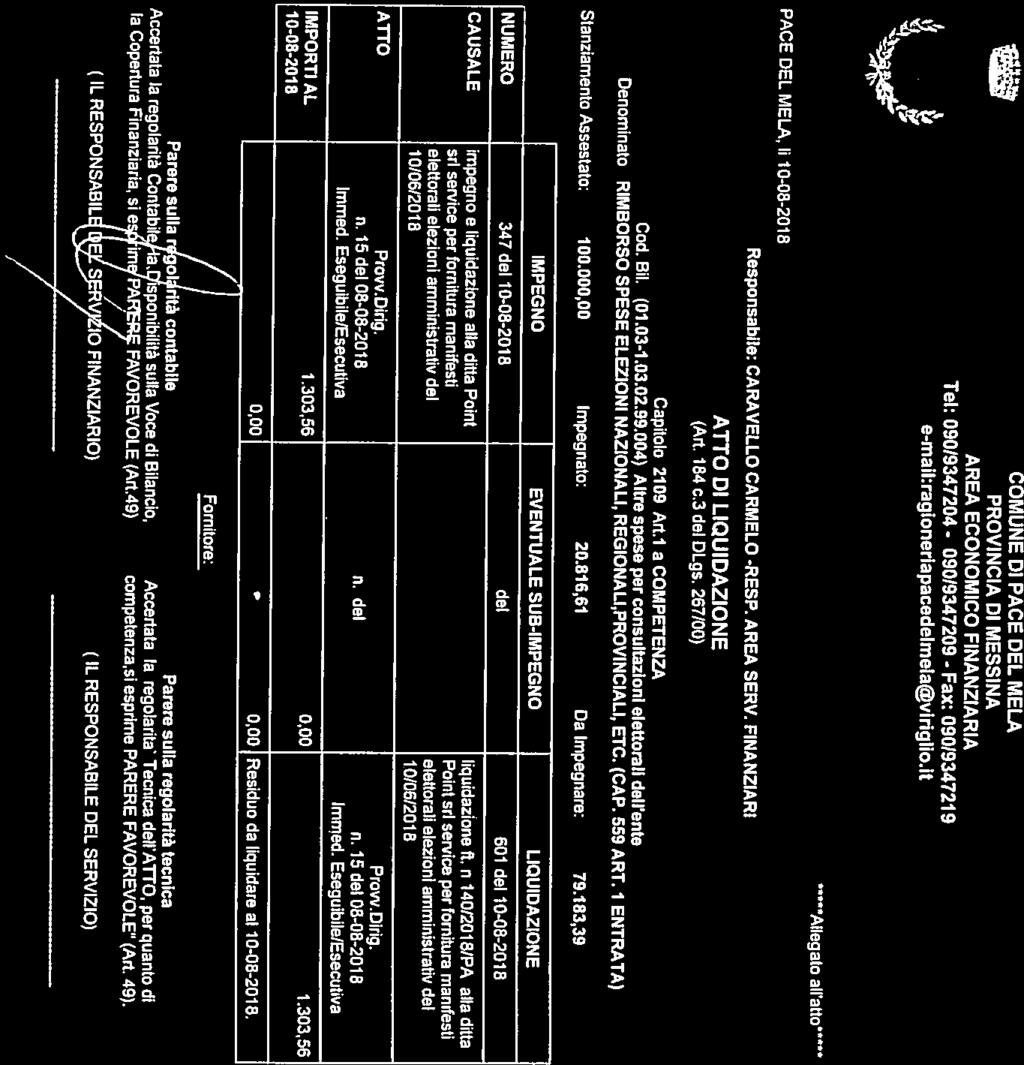 . (Art. 184 c.3 del DLgs. 267)00) ATTO DI LIQUIDAZIONE Responsabile: CARAVELLO CARMELO -RESP. AREA SERV.