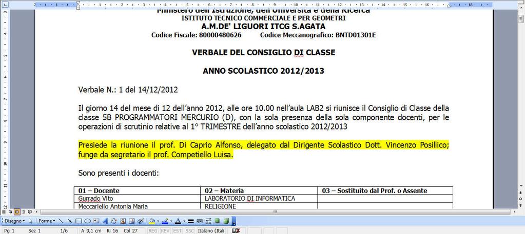 Innanzitutto, verificare la correttezza dei nomi del Presidente (modificare la dicitura, nel caso in cui lo scrutinio sia presieduto dal D.S.) e del Segretario.