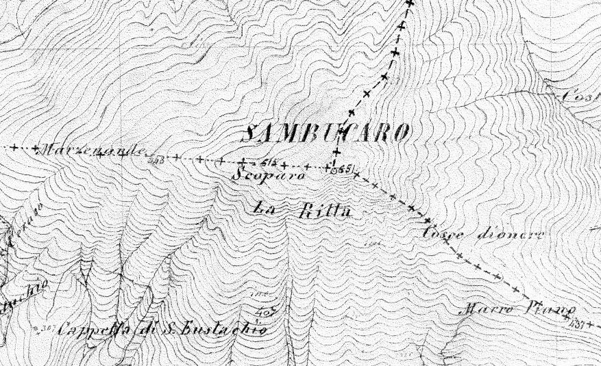 186 il monte è indicato con il termine di «Sambucolo» (Fig. 4). In una Carta Topografica del 1851, dell Opificio Topografico di Napoli, in scala 1:20.000, Foglio n 13, n.