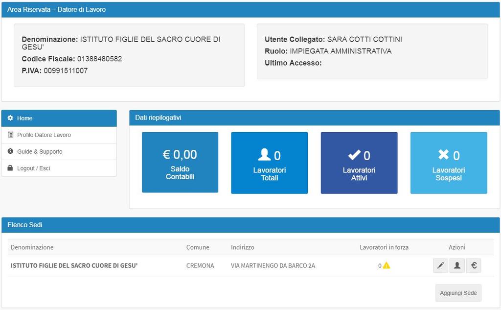 Datore di Lavoro Home page (Dashboard) Dati di sintesi del Soggetto Giuridico a cui appartiene l utenza corrente. Dati di sintesi dell utenza con cui si è connessi al sistema.