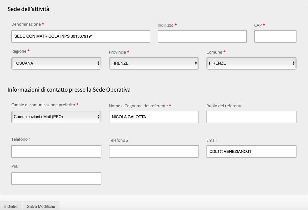 Dati della Sede Operativa AGIDAE Salus - Sistema di