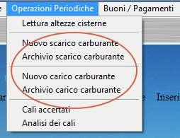 CARICO E SCARICO DEI CARBURANTI (torna all'indice) Nella sezione Operazioni periodiche sono disponibili le voci per la gestione dei carichi e scarichi di carburante dalle cisterne.