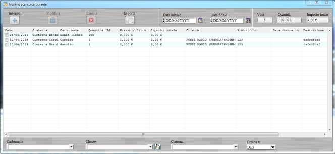Scarico dei carburanti. La precedente scheda visualizza l archivio di tutte le operazioni di scarico inserite.