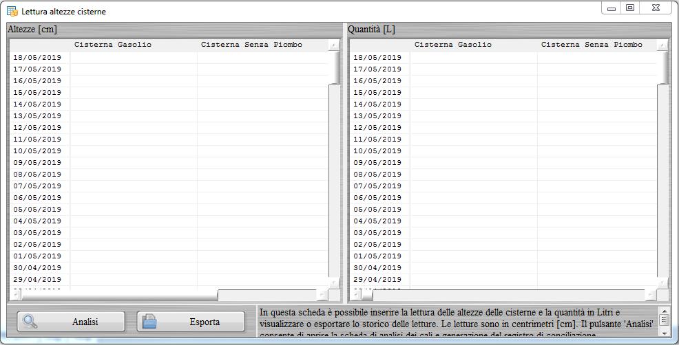 LETTURA ALTEZZE CISTERNE (torna all'indice) Nella sezione delle Operazioni periodiche è disponibile la voce Lettura altezze cisterne che consente di aprire la scheda per l inserimento delle letture