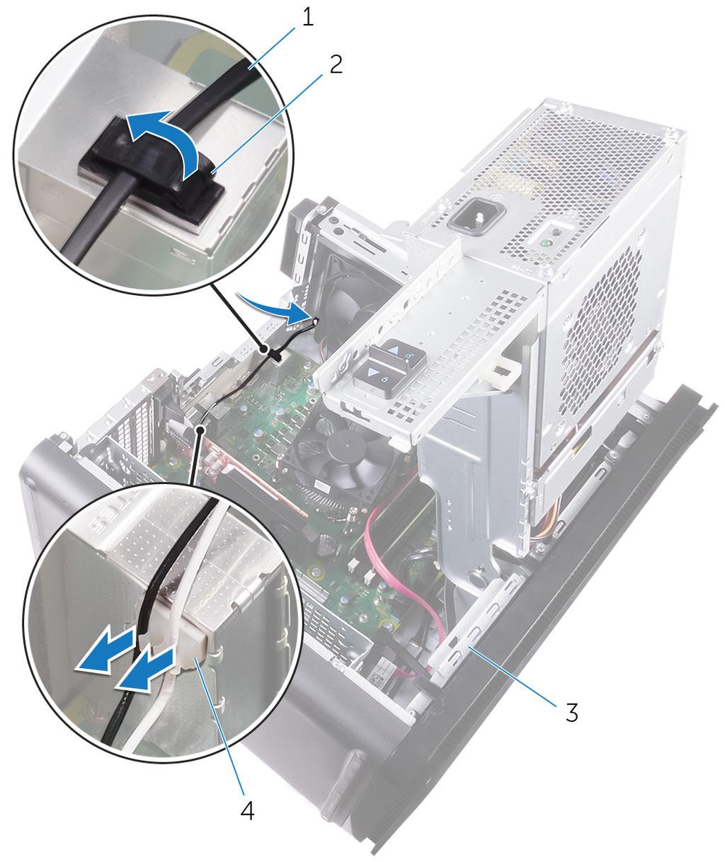 3 Prendere nota dell'instradamento dei cavi dell'antenna e rimuoverli dalle guide di instradamento sul telaio.