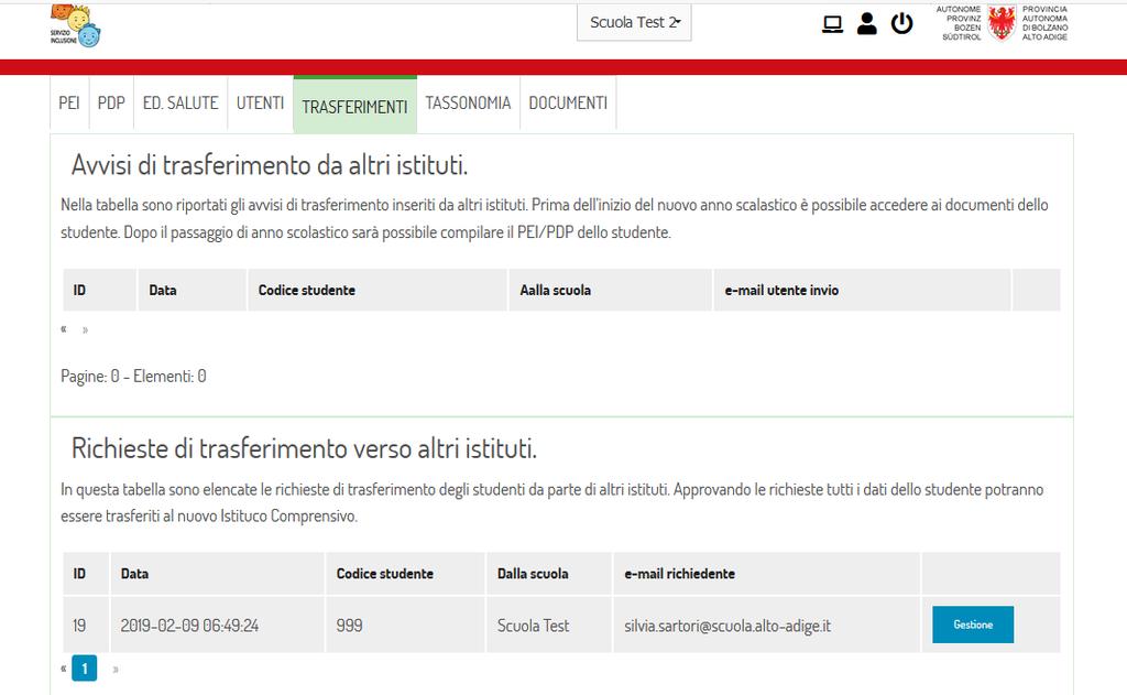 A questo punto la scuola di provenienza nella sezione TRASFERIMENTI alla voce Richieste di trasferimento verso altri istituti vede un inserimento (Figura 8).